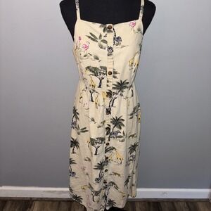 Old Navy Tan Safari Animal Print Linen Midi Dress Sz S Bohemian